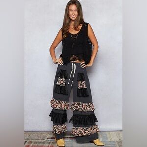 POL Black and Floral Ruffle Pants